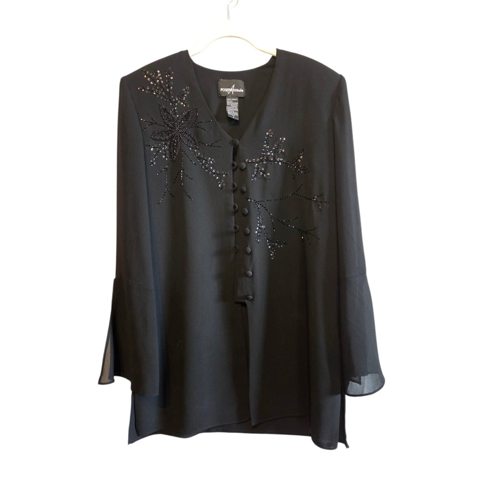 Positive Black Beaded Sequin Bell Sleeve Jacket Pants Suit Set Women's Size 8